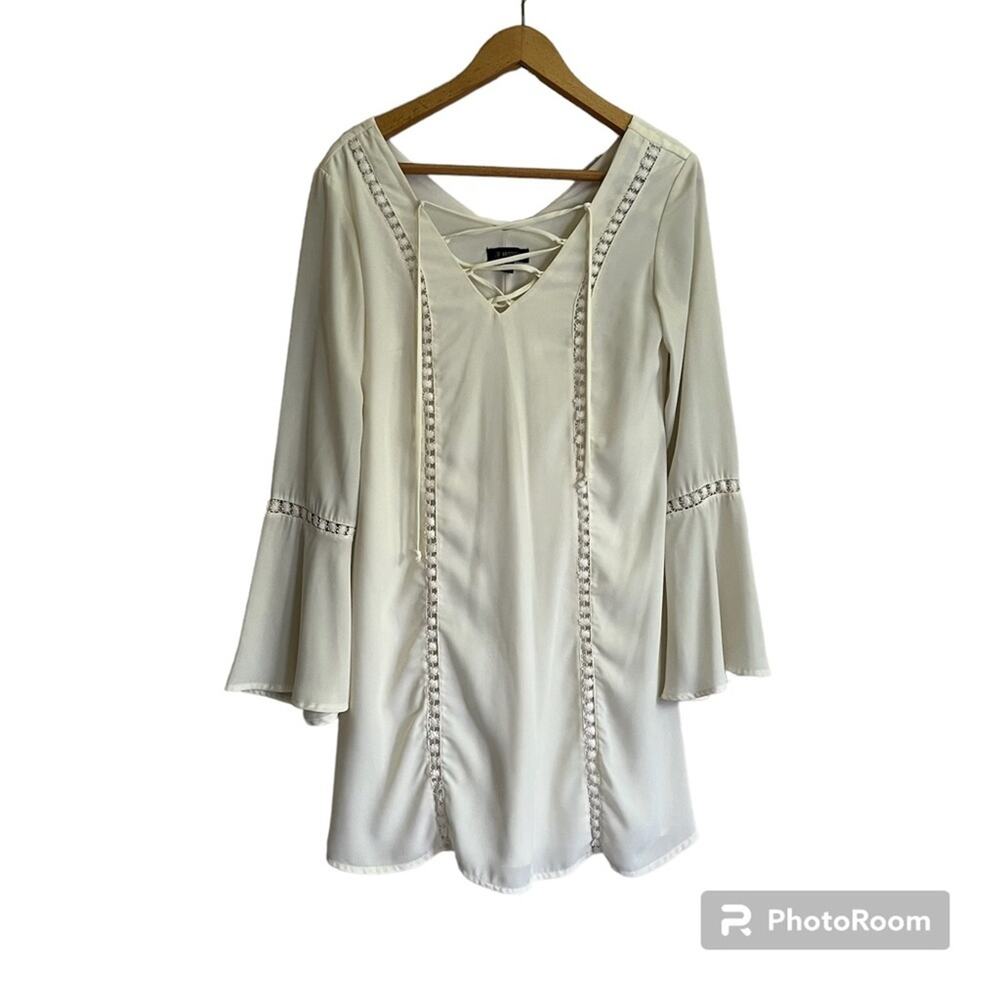 Cream Crochet Boho Bell Sleeve Dress Sz XS Cottagecore Milkmaid